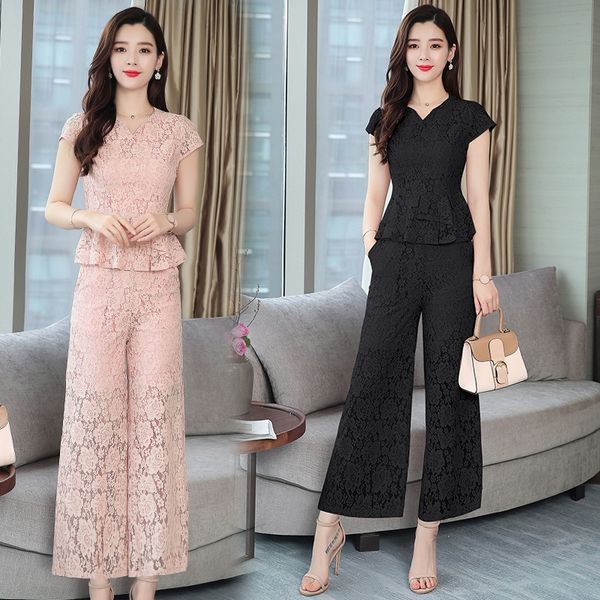 

2020 summer new suitfemale imperial sisterforeign fashionlace pants wide leg pantswide leg pants two-piece summer short sleeve qp419, Gray