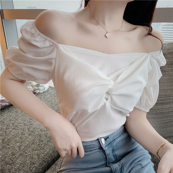 

summer fashion chiffon base coat women's white short sleeve pleated net red one line collar leaky collarbone t-shirt
