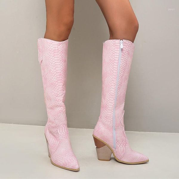 

boots pink yellow blue women knee high western cowboy for long winter zip pointed toe cowgirl wedges boots20211, Black