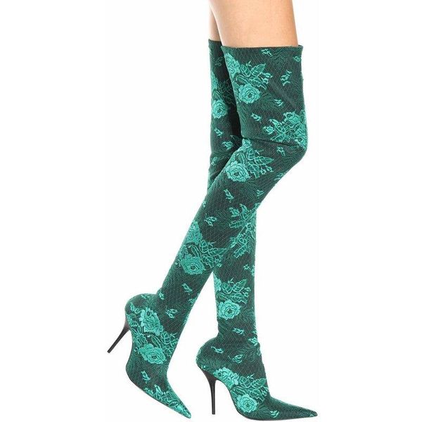 

boots 2021 women thigh high over-the-knee lace embroider pointed toe heel fashion floral shoes, Black
