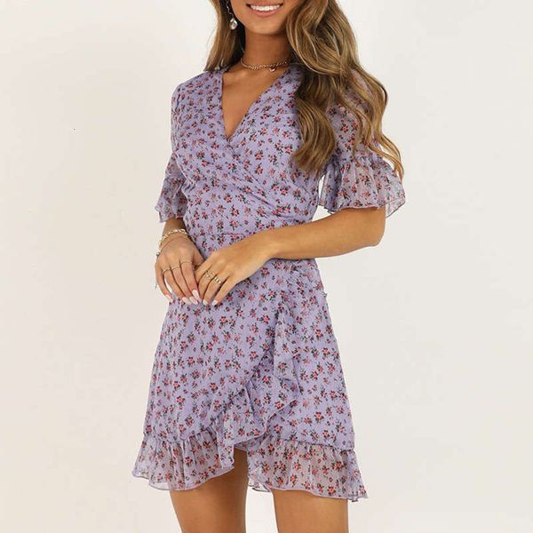 

v-neck summer high chiffon flower print waist lace up women's dress, Black;gray