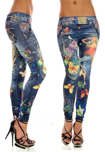 

fashionable new lady seamless imitation cowboy color printing high waist skinny blue jean denim leggings stretchy jeggings pant, Black