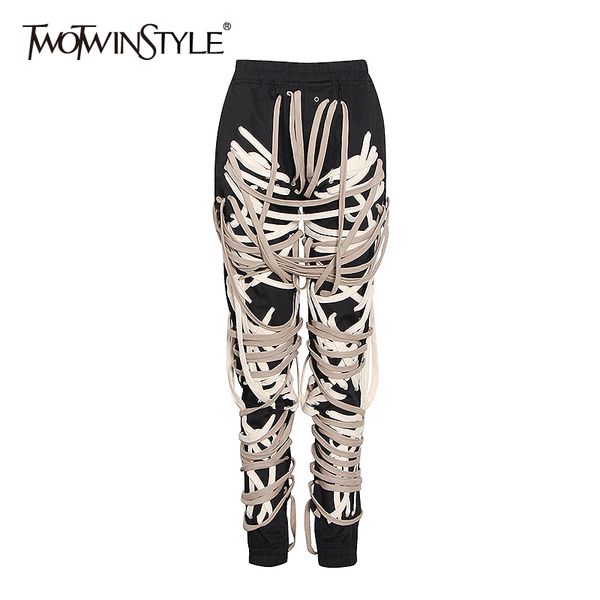

twotwinstyle casual patchwork bandage black pants for women high waist plus size harem pants female 2020 autumn fashion new 1020, Black;white