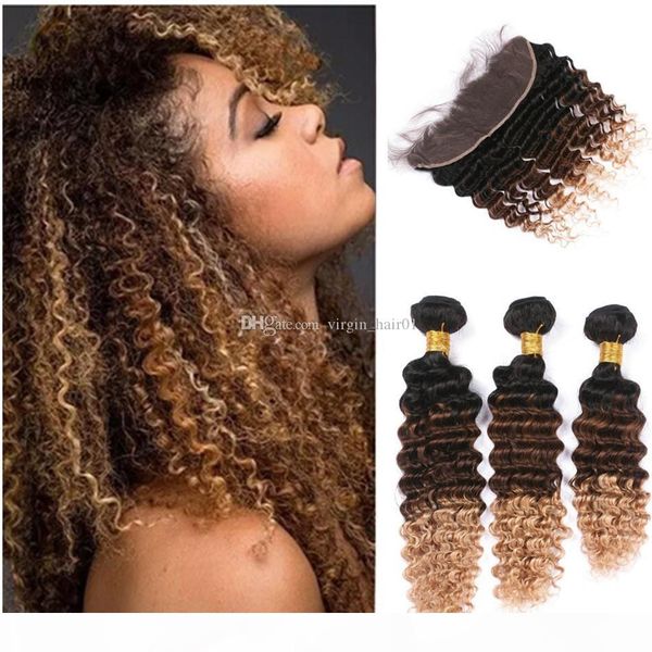 

ombre 1b 4 27 honey blonde deep wave virgin brazilian human hair bundles with lace frontal closure three tone ombre curly hair wefts, Black;brown