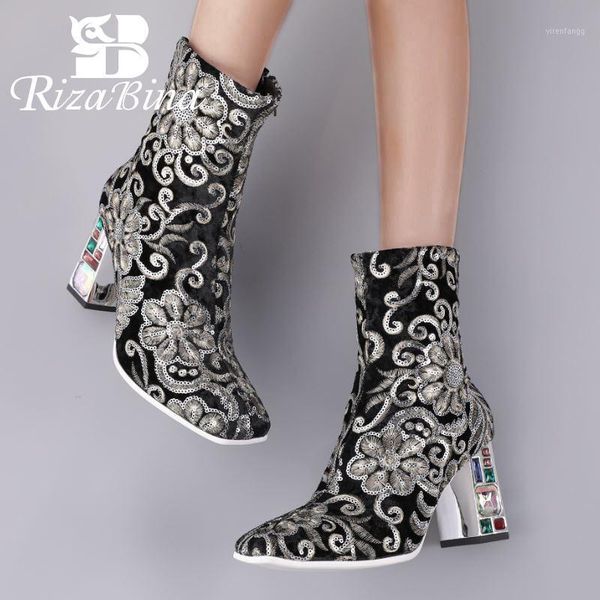 

rizabina new fashion boots ankle boots square toe floral embroidery thick crystal high heel fashion shoes footwear size 35-431, Black