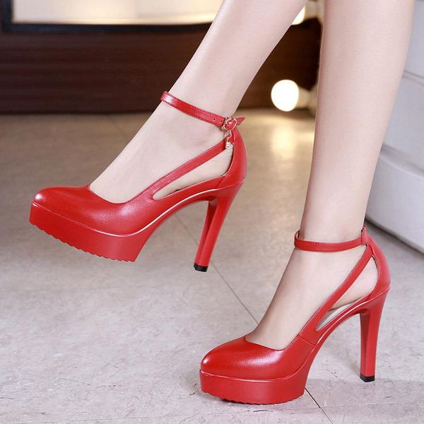 

2020 lady spike heels pumps mature office lady pumps buckle strap platform high heels women shoes four season leather shoes, Black