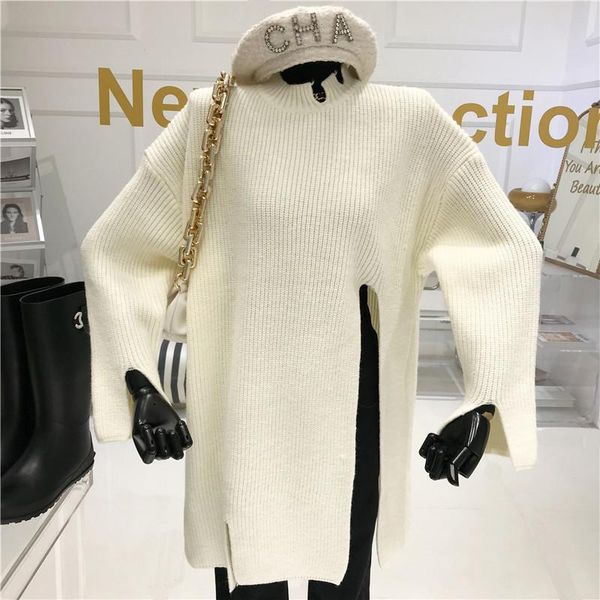 

loose sweater women's autumn /winter new niche design wear out loose split high collar medium length knitted bottoming shirt, White;black