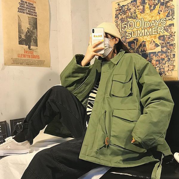 

winter jacket men warm thick fashion parka men solid color casual cotton coat street wild loose multi-pocket tooling jacket male1, Black