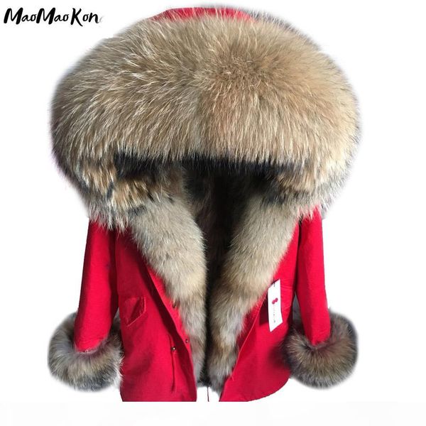 

maomaokong real fur coat winter jacket women long parka natural raccoon fur collar hood thick warm real liner parkas, Black