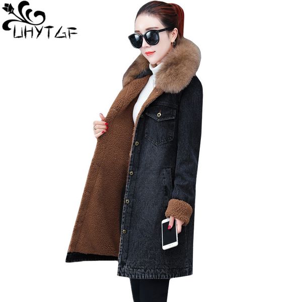

uhytgf new velvet winter denim womens black thick warm parker jeans jacket fur collar casual 2xl plus size coats 409