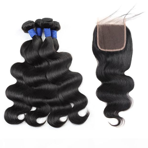 

10a brazilian hair human hair bundles with closure body wave wholesale peruvian hair weaves fast shipping 4bundles with closure for women, Black