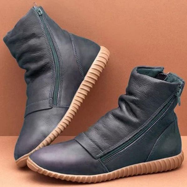 

2020 новых женщин boots pu комфорт zipper плоский ботильоны мягкие сплошные цвета повседневная работа зимняя обувь круглый toe cowboy largas, Black