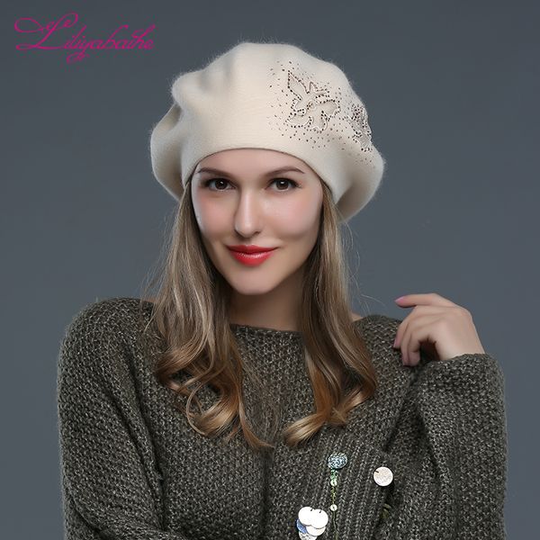 

liliyabaihe new style women berets winter hats wool knitted angora berets cap decorative flowers scope hats for women 201026, Blue;gray