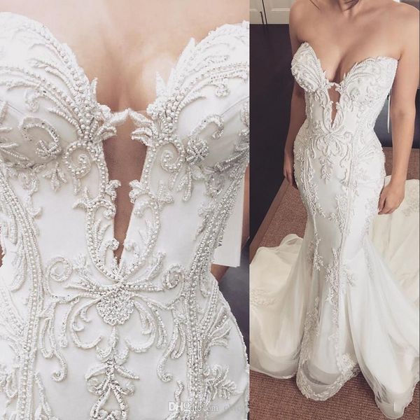 Novo Luxo Sexy Árabe Aso Ebi Mermaid Wedding Dresses Querida Keyhole Illusion Lace apliques de cristal frisado Pérolas vestidos de noiva formais