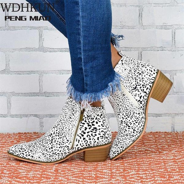 

women autumn ankle boots woman pu leather zipper thick heel ladies shoes leopard pointed toe women's fashion boots plus size 43, Black