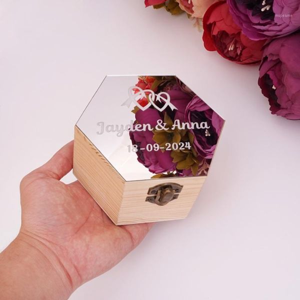 

gift wrap hexagon shape acrylic mirror cover box with hearts custom name date party wood boxes wedding candy holder display decor1