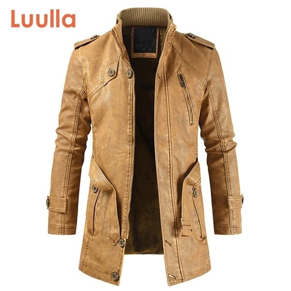 

luulla men spring new long thick fleece leather jacket trench men outwear fashion warm casual vintage faux leather jacket 201223, Black