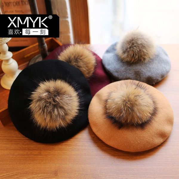 

теплая 100% реальной шерсть береты шар осень зима женщин естественная шерсть енот pompom берет шапка зимой hat для женщин 201019, Blue;gray