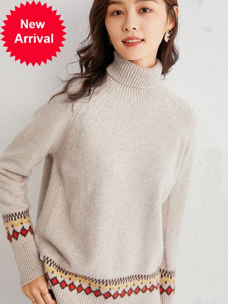

2021 new 100% woman's high turtleneck jumper real fine wool sweater inferior hem jacquard nightgown raglan sleeve new winter pz8g, White;black