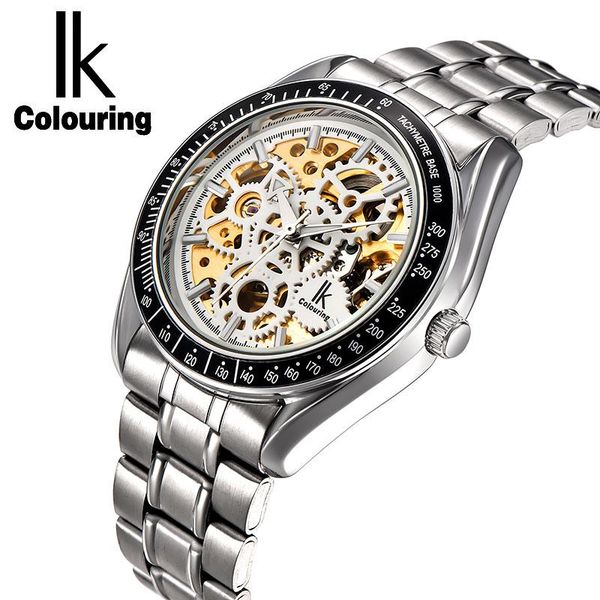 

wristwatches ik colouring full steel luminous automatic mechanical watches men transparent hollow skeleton watch, Slivery;brown