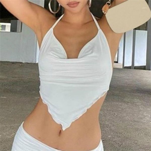 

women halter crop solid color tempting tank beach wear 2020 new summer sling knot backless v-neck 1, White