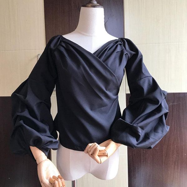 

женщины шикарной блузка элегантной твердый крест-накрест слоеного полного рукав верхней весны осени slim рабочих дамы garments мода уличной, White