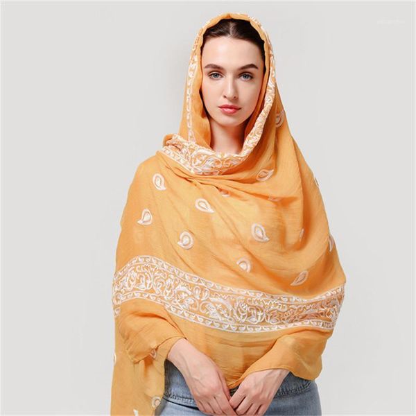 

2020 women plain cotton scarf gold embroidery head hijab wrap solid cover-up shawls foulard femme headband muslim hijabs store1, Red