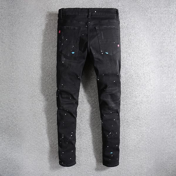 

black men's painted pleated biker for motorcycle slim fit ripped stretch denim pants fashion casual male jeans