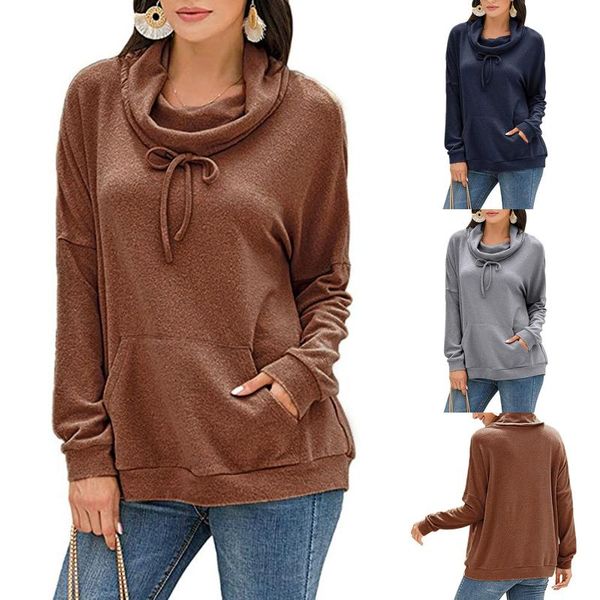 

fashion solid pockets blouse shirt turtleneck casual autumn winter ladies female women long sleeve blusas pullover, White