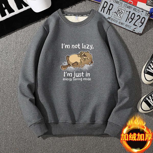 

8jhy6kround neck sweater men's plush thickened autumn and winter new warm clothes loose animal dog long sleeve t-shirt, Black