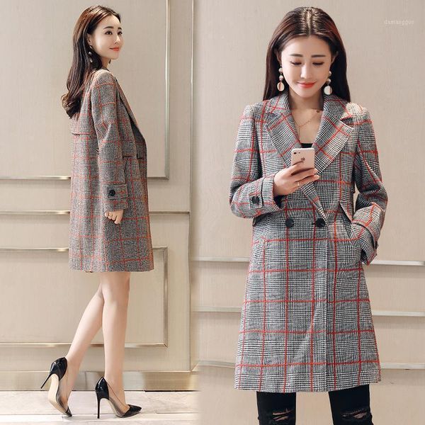 

office lady long wool coat wide-waisted wool blend coat and jacket plaid pockets women coats autumn winter1, Black
