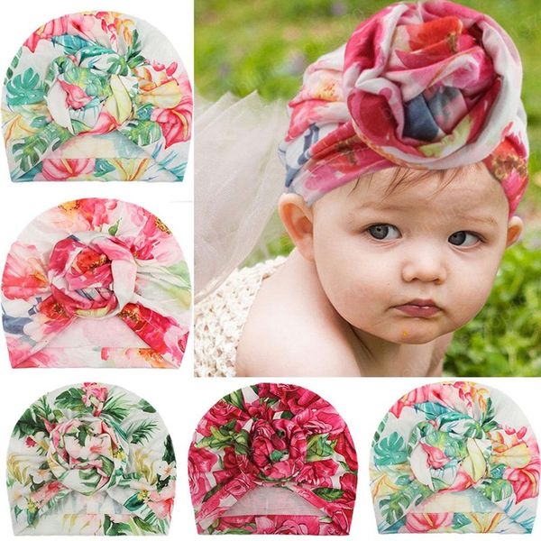 

9 colors cute infant toddler flower print indian turban cap kids spring autumn caps baby floral hat cotton headwear, Yellow