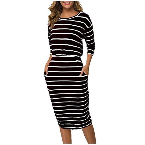 

2021 autumn winter o neck long sleeve knee length dress black and white striped dresses cap sleeve casual elegant sheath slim dress, Black;gray