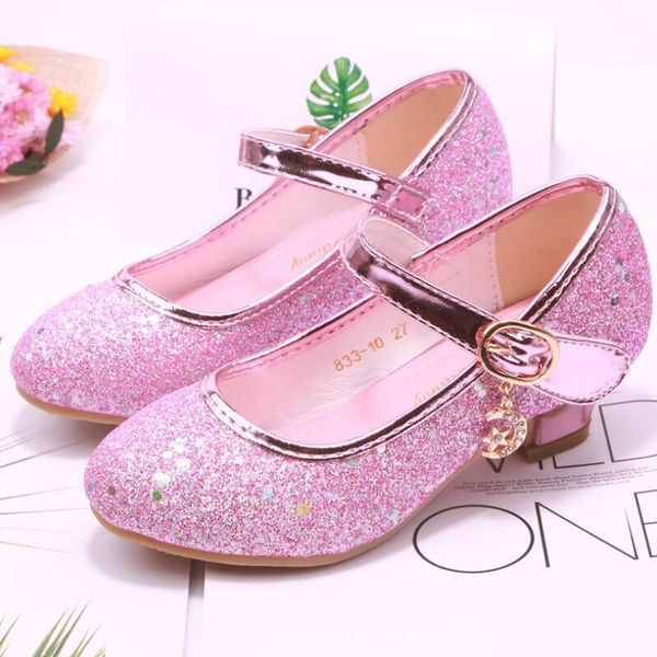

skhek girls summer sandals sequined chaussure fille princesse children high heel party dress shoes leather slipper for kids, Black;red