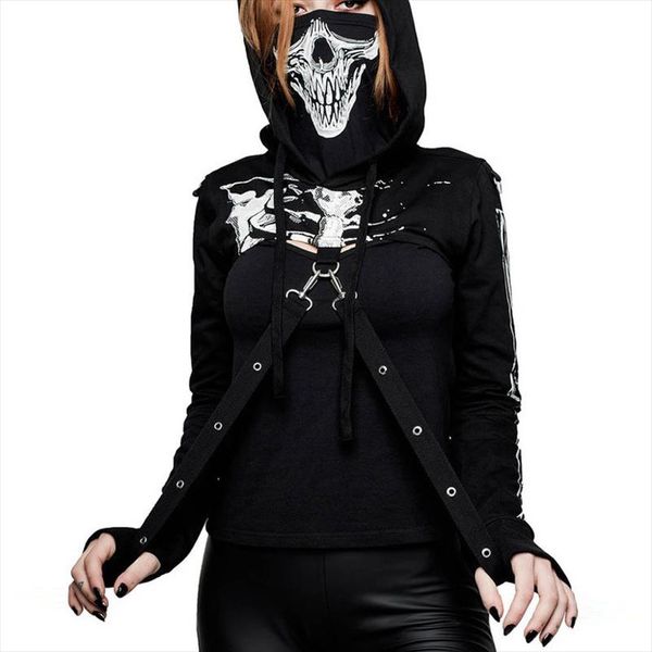 

women skull print hoodie sweatshirt drawstring hooded goth casual streetwear cool navel cropped black hoodies