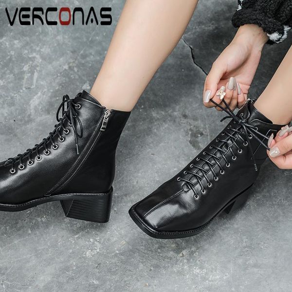 

verconas office lady basic fashion women ankle boots genuine leather thick heels shoes woman cross-tied side zipper casual boots, Black