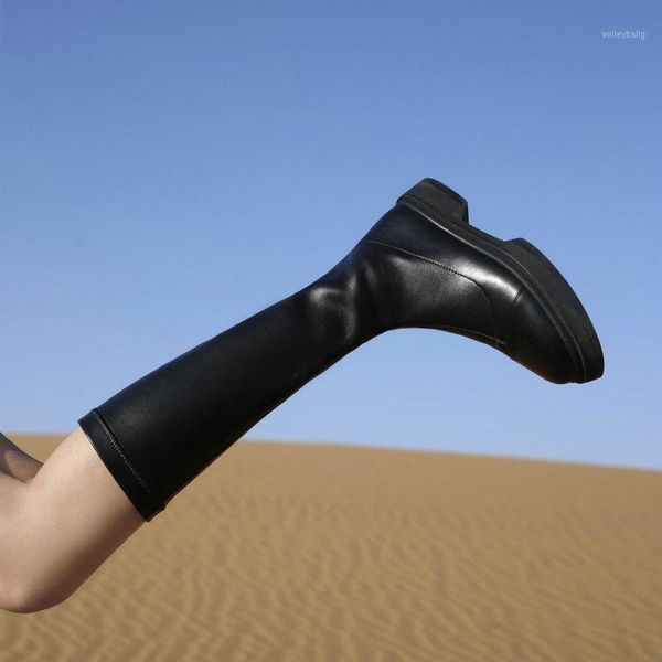 

sianie tianie plain black knee high pu stretch booties round toe platform flats western riding boots women winter spring shoes1