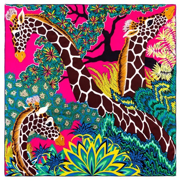 

square women femme hand rolled twill silk scarf three bandana giraffes printing manual new scarves foulards wrap 90cm*90cm hijab jjraw, White;black