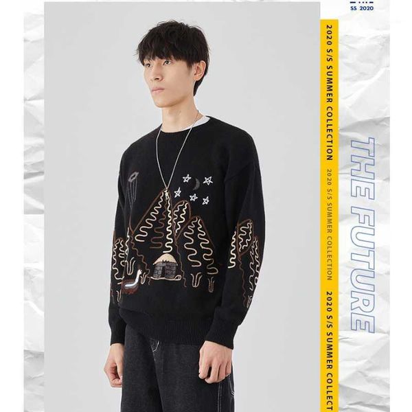 

autumn winter sweater men round neck fashion knitted casual men's basic bottoming shirt embroidery long sleeve pullover 1, White;black