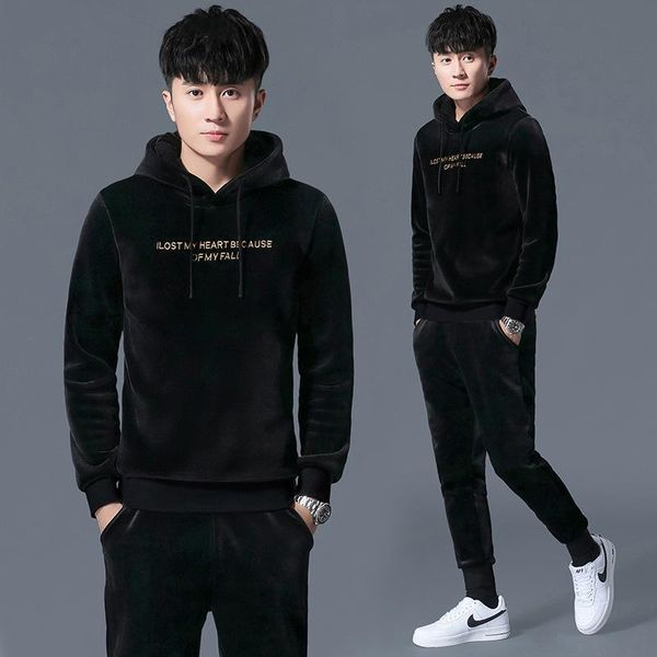 

boutique 1807 men sport suit hooded pleuche fleece two-piece velvet thickening winter sportswear, Gray