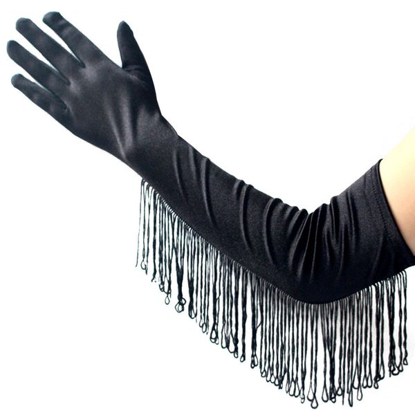 

3 colors fashion black white red tassels long satin gloves women opera evening party costume gloves dance performance mittens 201104, Blue;gray