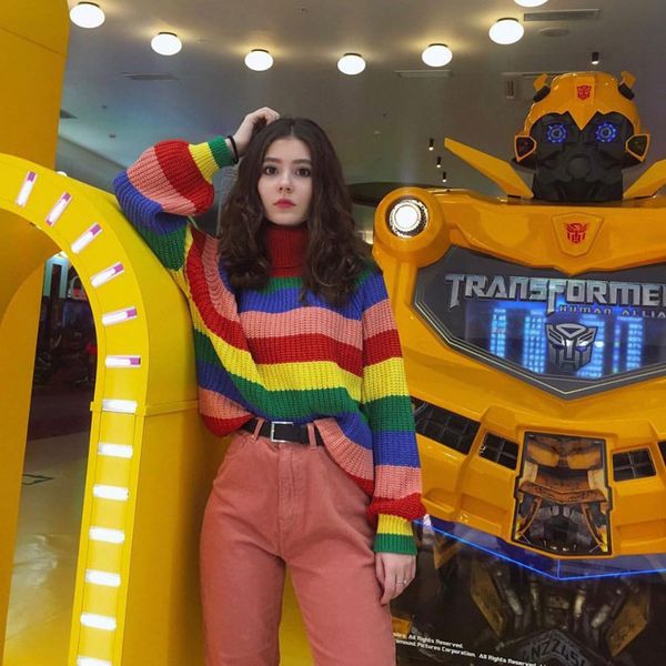 

women's rainbow sweater turtleneck colorful striped long sleeve pullover autumn chic casual loose streetwear sweaters 201128, White;black