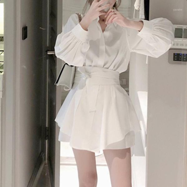 

summer fashion white long shirt casual suit female lantern sleeve + wide leg short pant two-piece suit with belt1