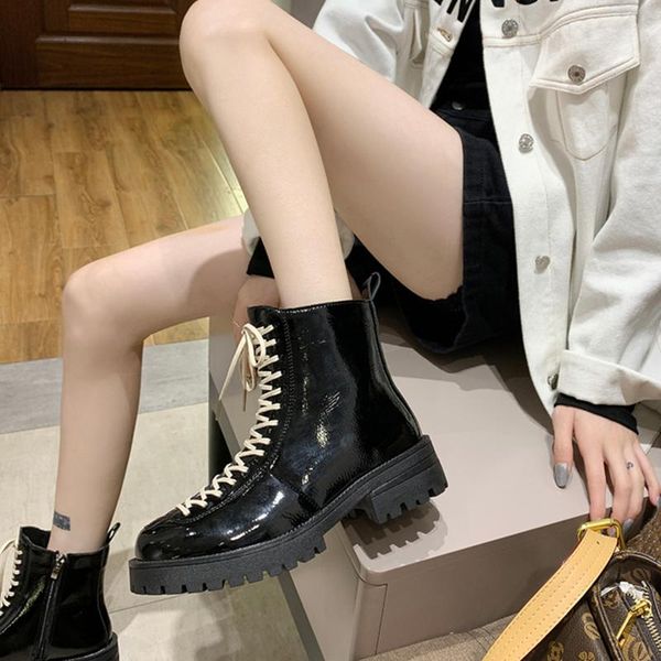 

round toe flat heel shoes lady boots boots-women winter footwear lace up luxury designer 2020 mid calf rock low autumn rubber, Black