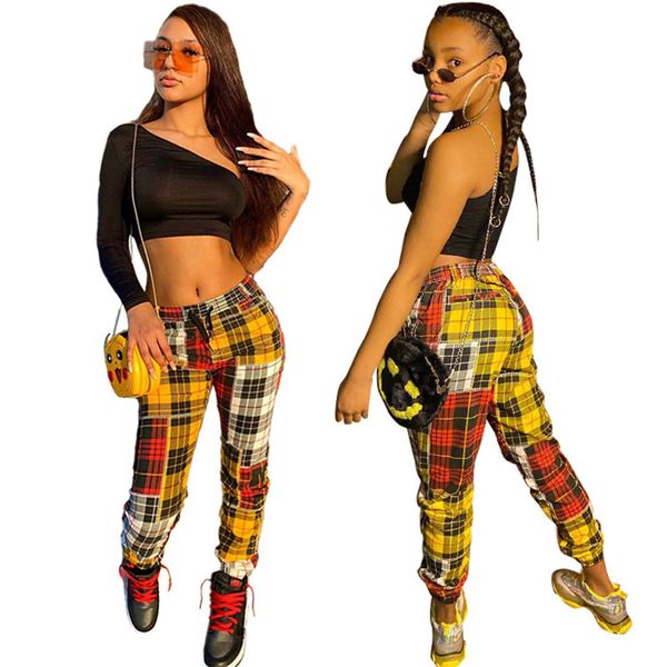 

plaid printed contrast color designer womens straight trousers punk style mid waist slim pants 2021 new arrival female clothing, Black;white