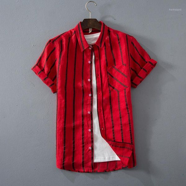 

2020 brand clothing men striped pure cotton linen shirts summer henry colla loose short sleeve casual buttons slim fit shirt1, White;black