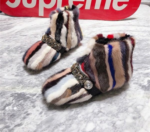 

handmade 2021 women ankle boots luxury furry warm winter short bottes femmes crystal decor strap flat snow botas mujer1, Black