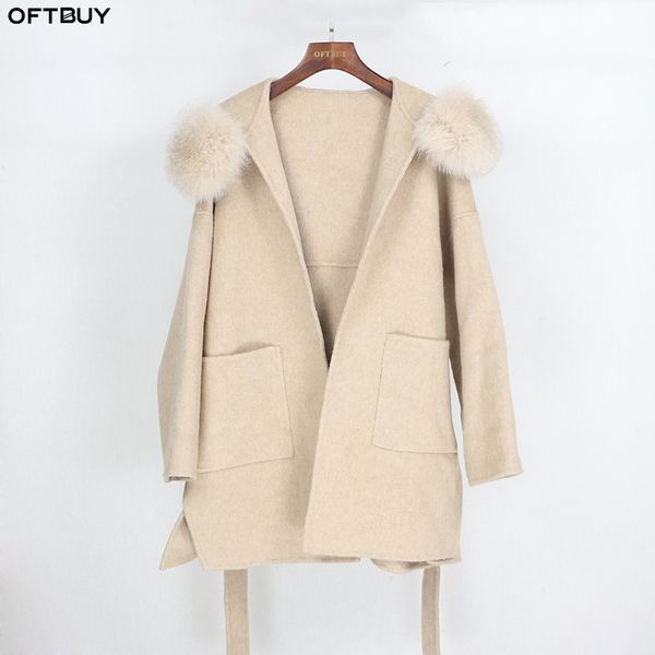 

oftbuy 2020 real fur coat winter jacket women loose natural fox fur collar cashmere wool blends outerwear streetwear oversize, Black