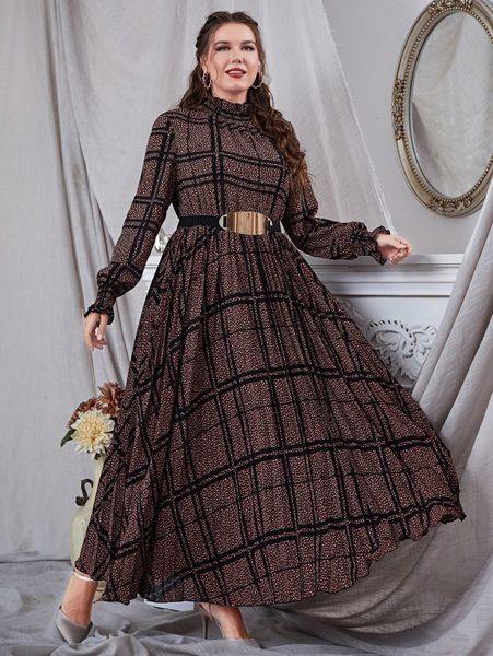 

plus plaid & confetti print frill neck lantern sleeve belted dress j8ep#, Black
