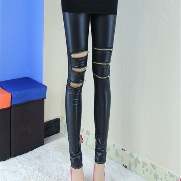 

peiling dragon pu leather knee three zipper splicing leggings 201203, Black